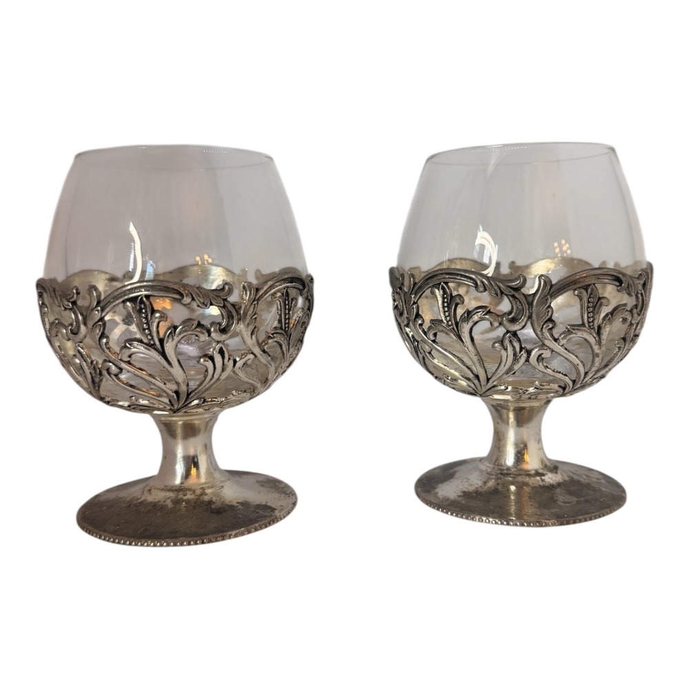 Vintage Delli Inc Japan Silver Plated Filigree Brandy Snifters 2 Glasses READ